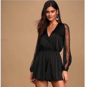 Lulu's Elegant Black Lace-Trimmed Satin Romper